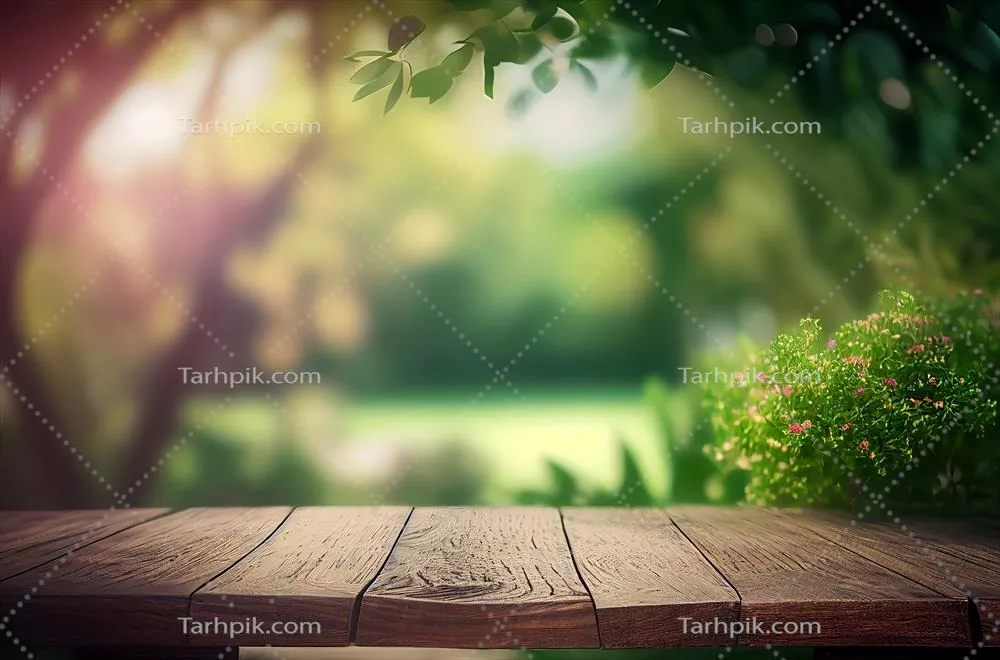 سطح میز چوبی خالی و انتزاعی با فضای خالی برای نمایش محصولات در پس زمینه بهاری و تابستانی