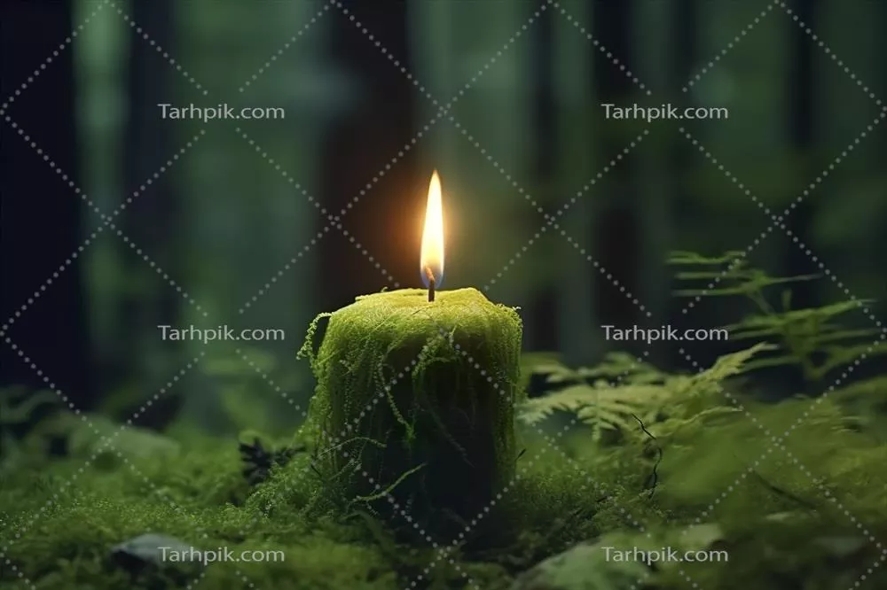 شمع در حال سوختن بر روی خزه با پس‌زمینه طبیعی تاریک و سبز با جادو