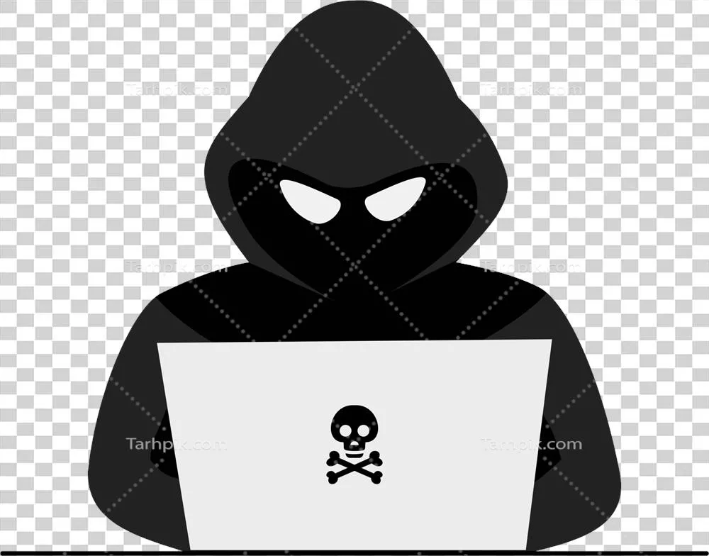 لوگوی هکر یا هکر در هودی مشکی با لپ تاپ و جرایم سایبری
