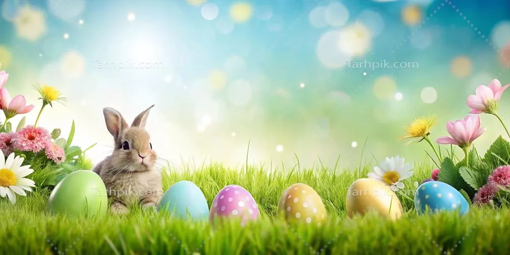 پس‌زمینه‌ای زیبا برای عید پاک با طراحی هوش مصنوعی شامل خرگوش، تخم‌مرغ‌ها و گل‌ها