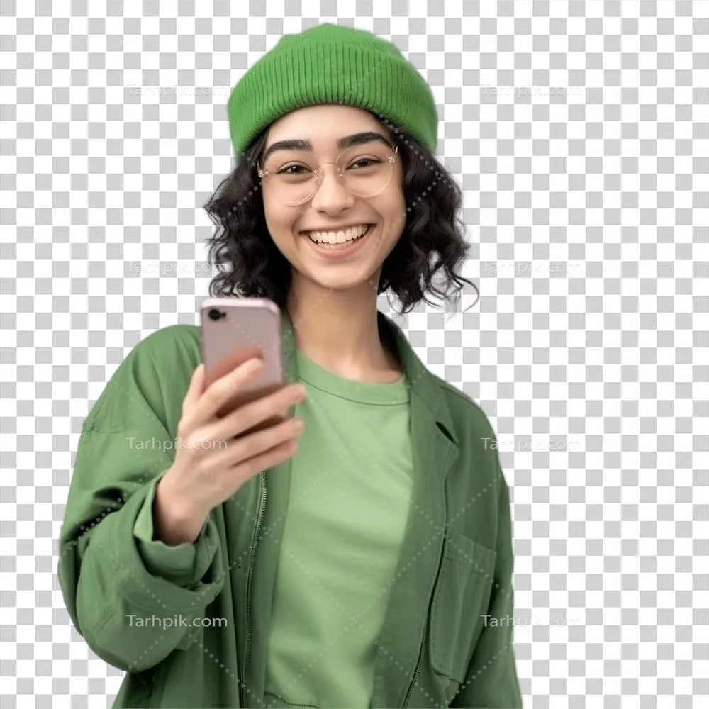 پرتره ای از یک زن جوان آسیایی که با خوشحالی و لبخند با گوشی هوشمندش در حال استفاده است