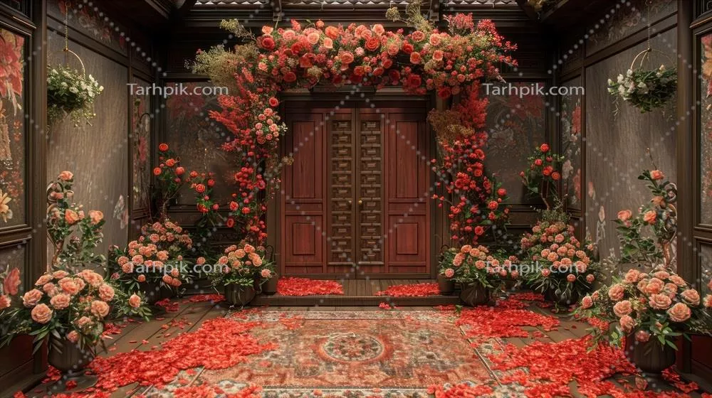 پشت زمینه عروسی و دکوراسیون گل های زیبا در اتاق استودیو