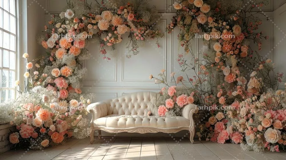 پس‌زمینه و دکوراسیون اتاق عروسی با تزئینات گل زیبا برای استودیوها