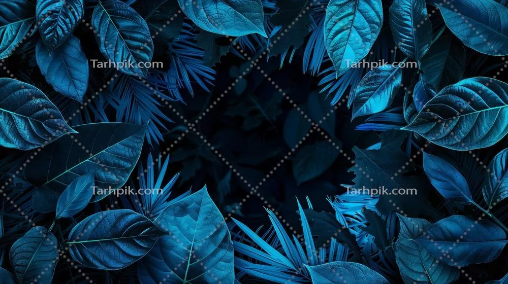 قاب نئون آبی با برگهای طبیعی بر پسزمینه تاریک و جذاب