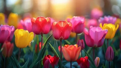 مزرعهای شاداب و رنگارنگ پر از گلها در زیر نور خورشید