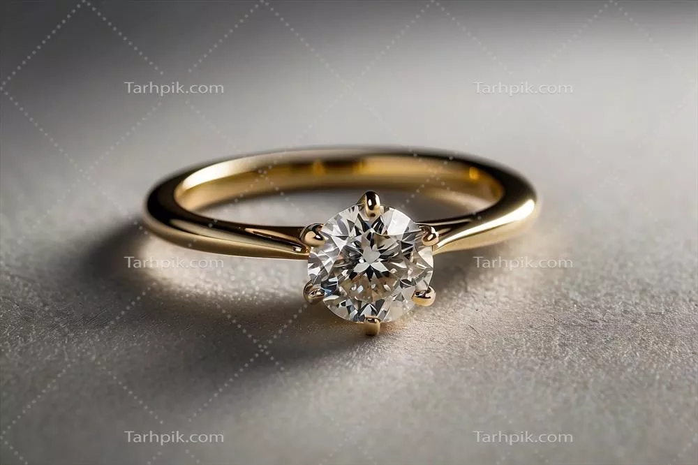 گRing ازدواج الماس شیک با یک سنگ بزرگ در طلای باریک و زمینه خاکستری بافت دار