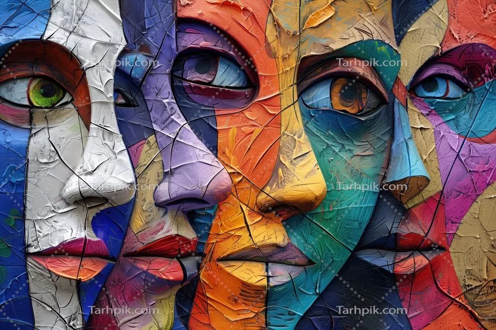 نمای نزدیکی انتزاعی از چهار چهره با رنگهای زنده و الگوهای بافتدار