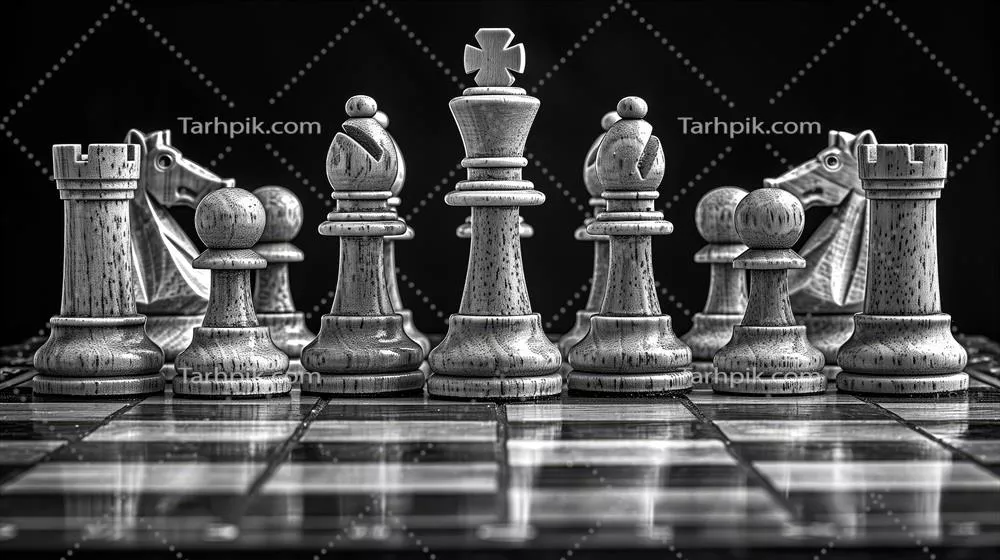 مجموعه ای از قطعات شطرنج: شاه و ملکه ایستاده بر روی صفحه شطرنج در زمینه تاریک