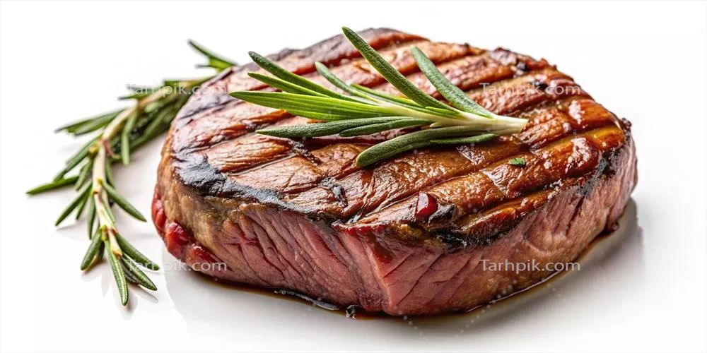 فیله استیک گریل شده با garnish رزماری بر روی پس زمینه سفید از نمای بالا