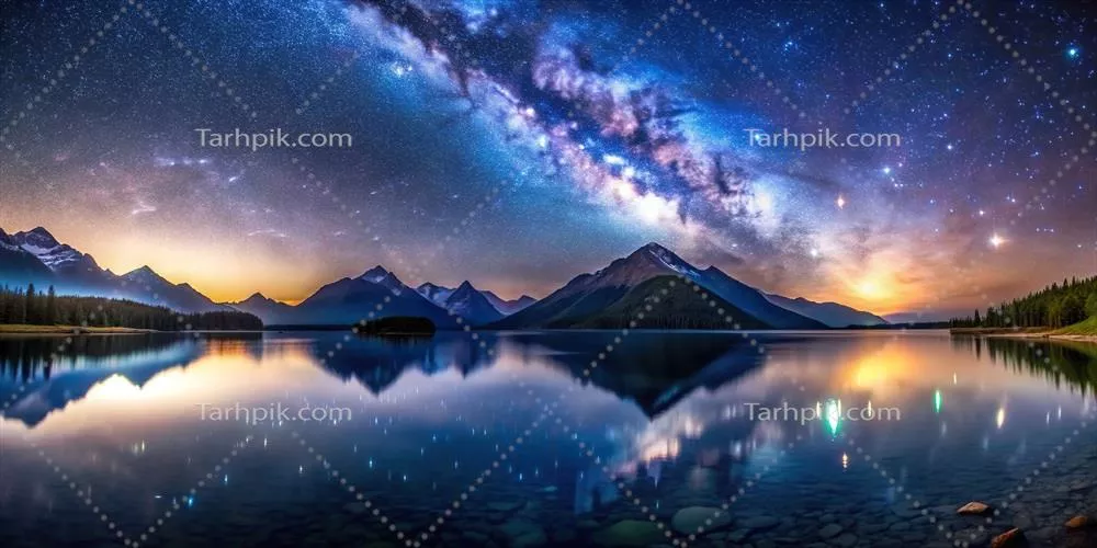 دریاچهای آرام و زیبا در زیر آسمان پرستاره با نمایی خیرهکننده از رشتهکوهها در پسزمینه که با تکنیک عکاسی نور طولانی ثبت شده است