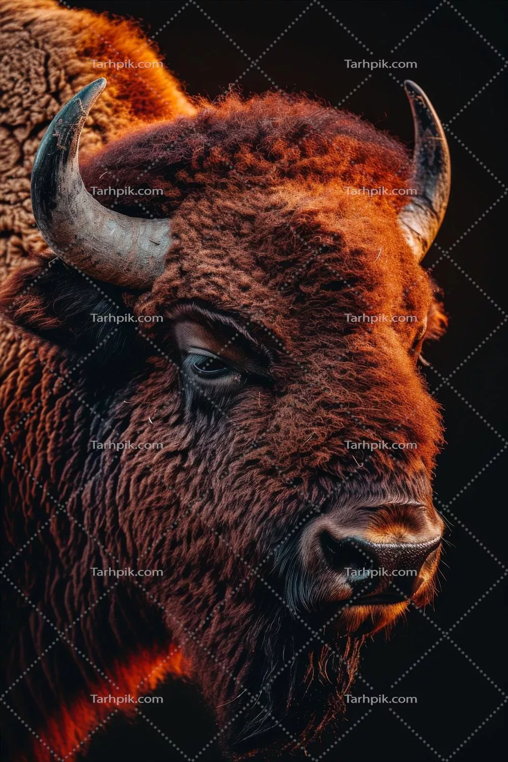 تصویری از بایسون در مقابل پسزمینه سیاه با جزئیات زیبا