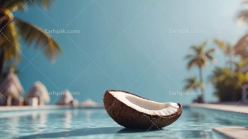 استخر شنا با نردبان درون نصف یک نارگیل بر روی پسزمینه آبی ملایم
