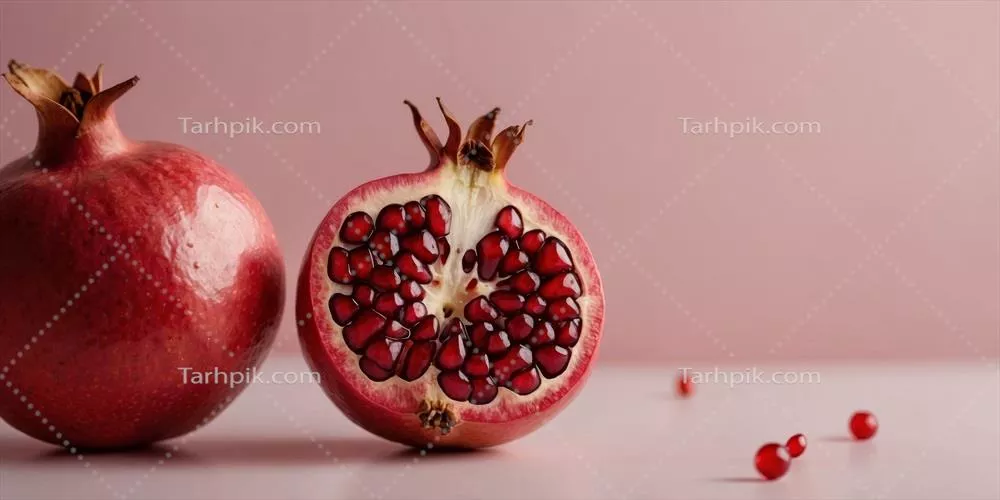 نیمه انار بر روی پس‌زمینه صورتی زیبا و دلنشین
