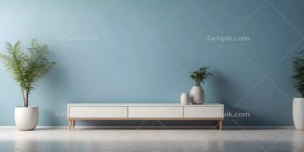 پس‌زمینه آبی روشن مینیمالیستی با قفسه سفید برای نمایش محصولات در اتاق استودیوی مدرن