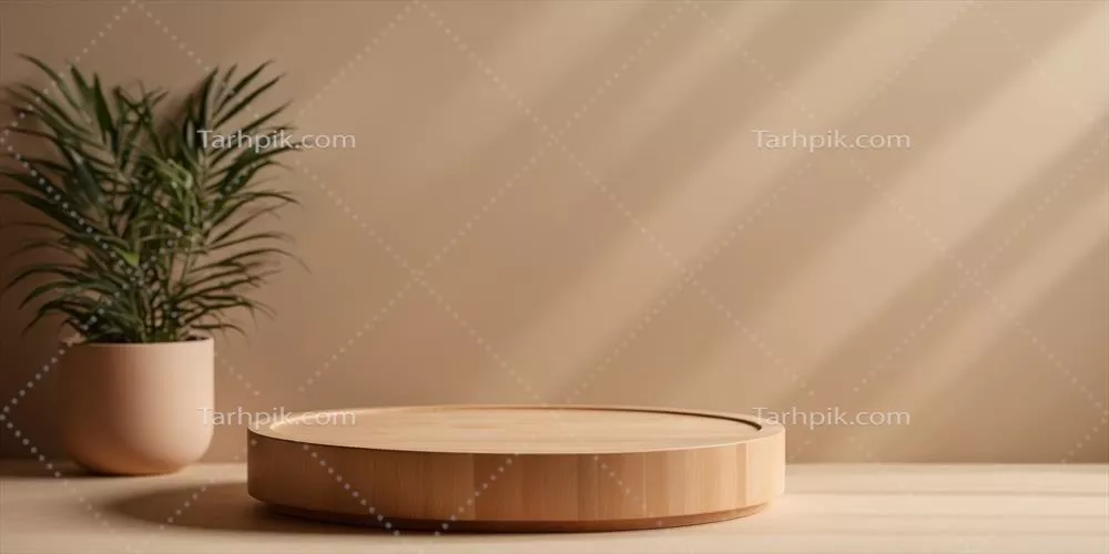 پایه چوبی گرد برای ارائه محصولات بر روی پس زمینه بژ با سایه ها