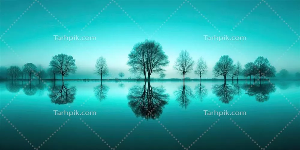 منظره انتزاعی در رنگ آبی-سبز با درختان سیاه و انعکاس آن‌ها