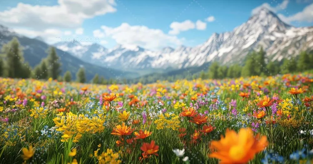 یک دشت پر از گلهای رنگارنگ با کوههای پسزمینه در زیر آسمان آبی روشن