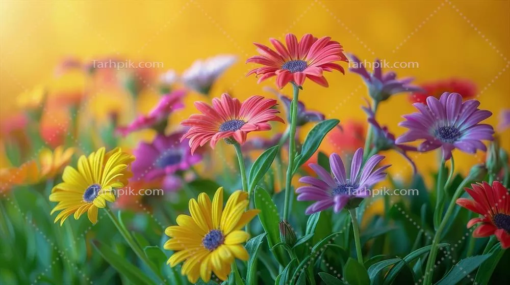 گل‌های زنده و رنگارنگ در نمایش شگفت‌انگیز در برابر پس‌زمینه‌ای روشن