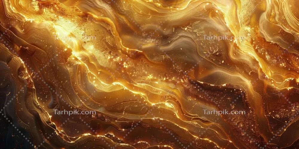 الگوی کیهانی انتزاعی طلایی با رنگهای چرخشی و عناصر درخشان در پسزمینه تاریک