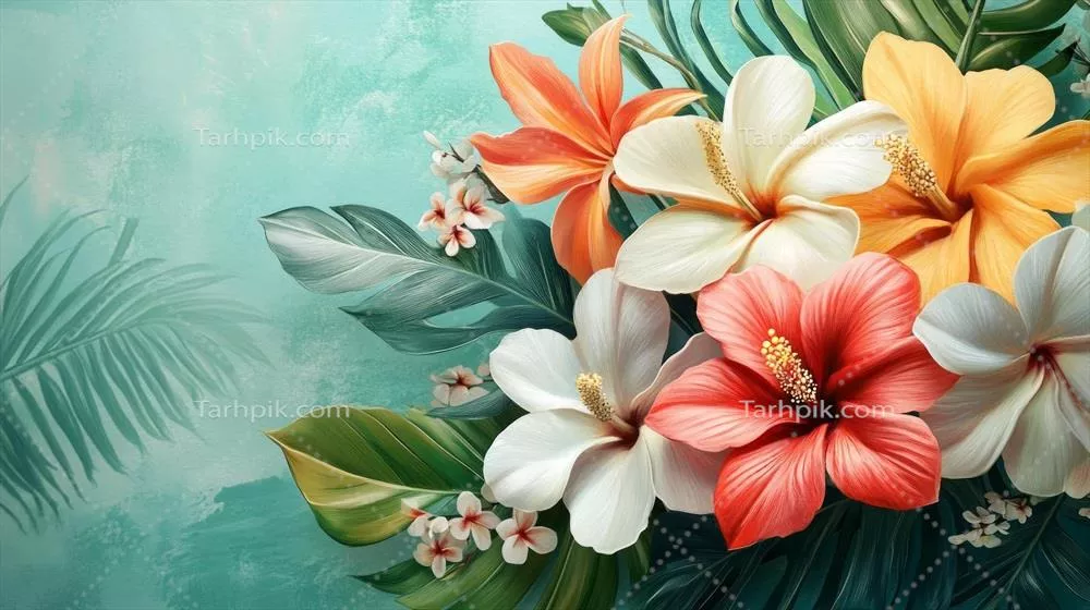 گل‌های استوایی بر روی پس زمینه آبی زیبا و شگفت‌انگیز