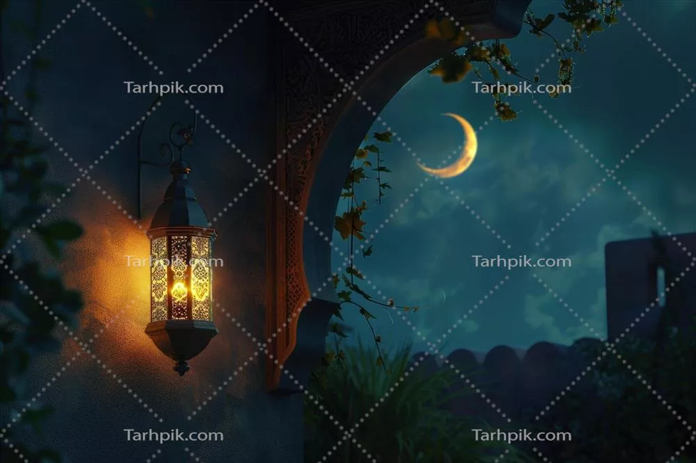 چراغی درخشان آویزان بر دیوار یک خانه باستانی در شب و ماه هلال در آسمان