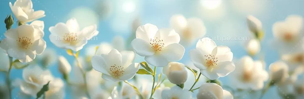 رشد دوباره گل‌های سفید در برابر پس‌زمینه‌ای نرم و آبی در یک محیط آرام