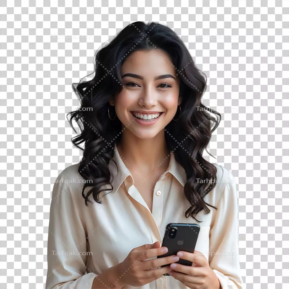 دختری شاد و قهوه‌ای با تلفن همراه در سبک زندگی مدرن