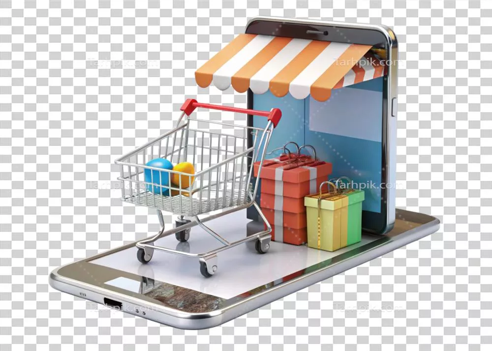 تجربه خرید دیجیتال با تصویر گوشی به عنوان ویترین فروشگاه شامل محصولات، سبدها و بستهها