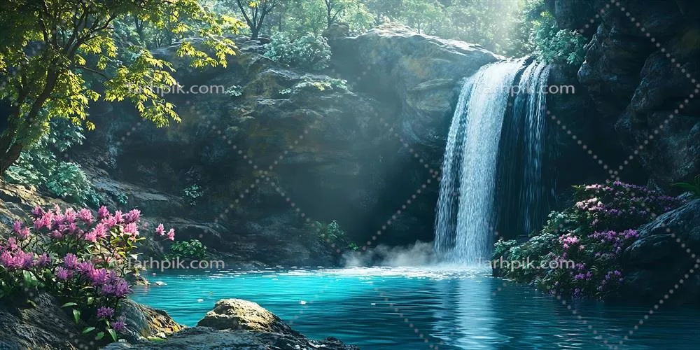 آبشار آرام در جنگل گرمسیری سرسبز: تصویر پسزمینه طبیعت