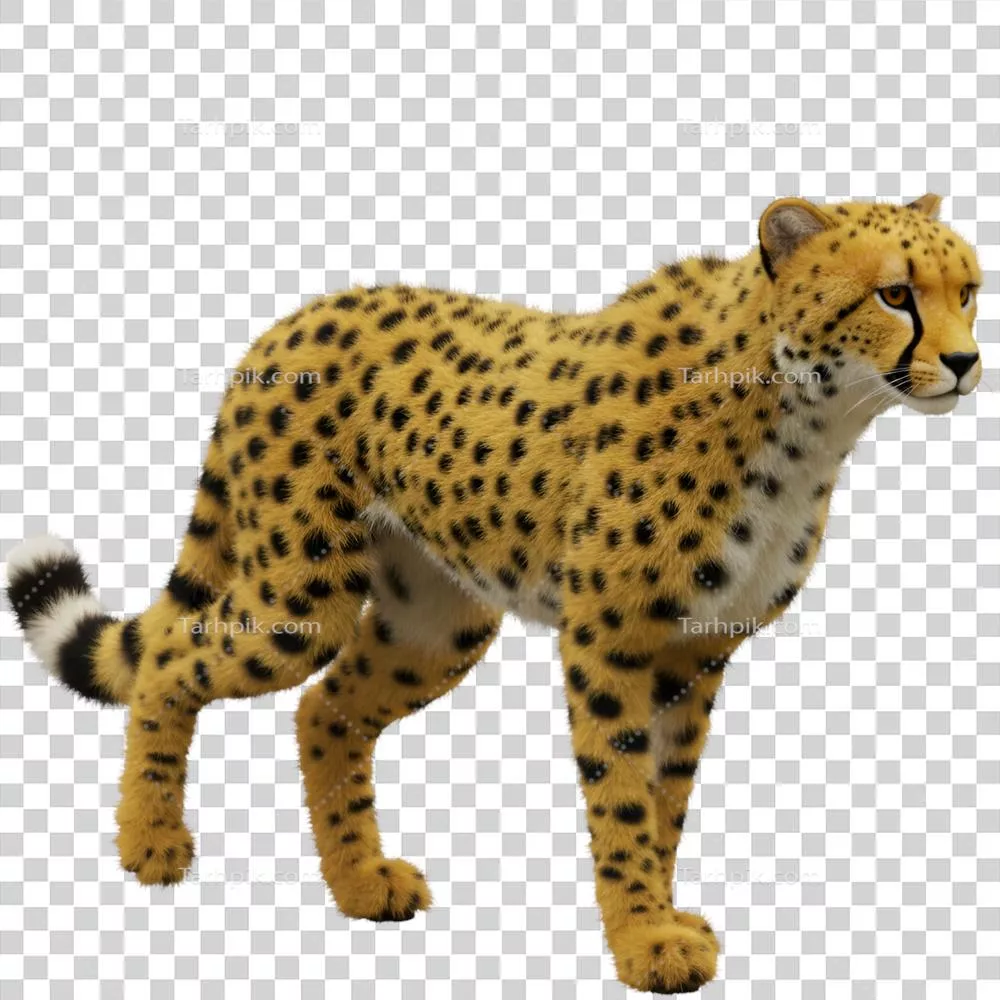 چیتای ایستاده با بدنی متمایل به چپ و دمی راه راه در پسزمینه شفاف