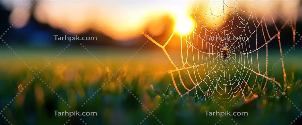شبنم زده، تار عنکبوتی در غروب آفتاب در پس‌زمینه چمنزار