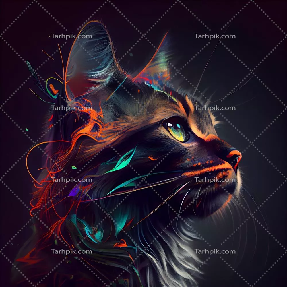 پرتراو رنگارنگ از یک گربه با الگوی انتزاعی بر روی پس‌زمینه مشکی