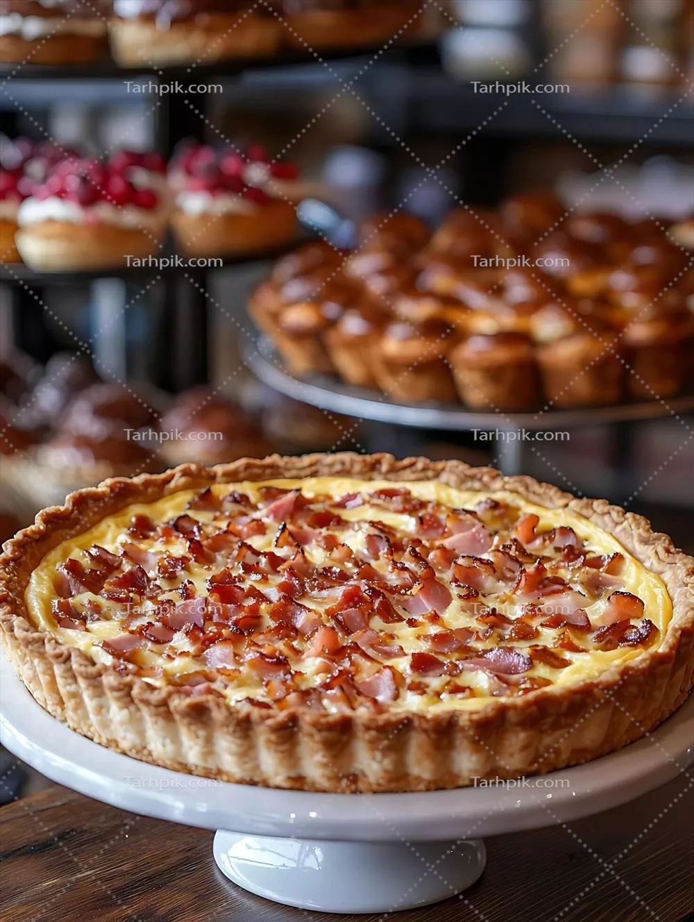 کیش خوشمزه با ژامبون و پنیر بر روی پایه سفید در پس زمینه نازک نانوایی