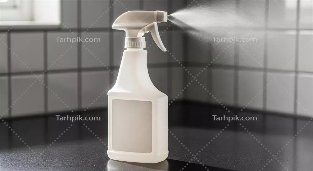 بطری اسپری سفیدی ضروری که شامل پاشش نازکی است و بر روی سطح سیاه صیقلی قرار دارد، نماد تمیزی و ضدعفونی: مراقبت موثر از منزل