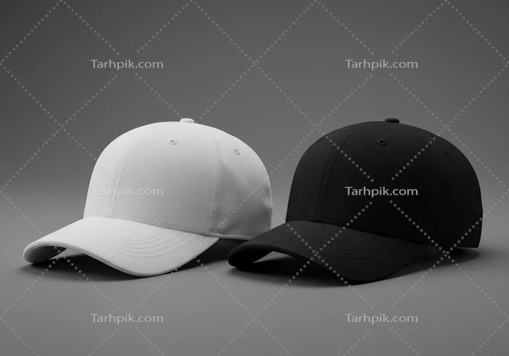 موکاپ کلاه بیس بال سیاه و سفید روی پس زمینه خاکستری