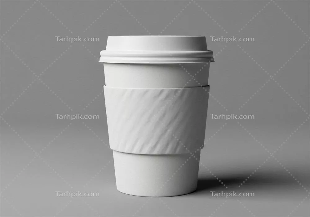 فنجان قهوه سفید با درپوش بر روی زمینه خاکستری