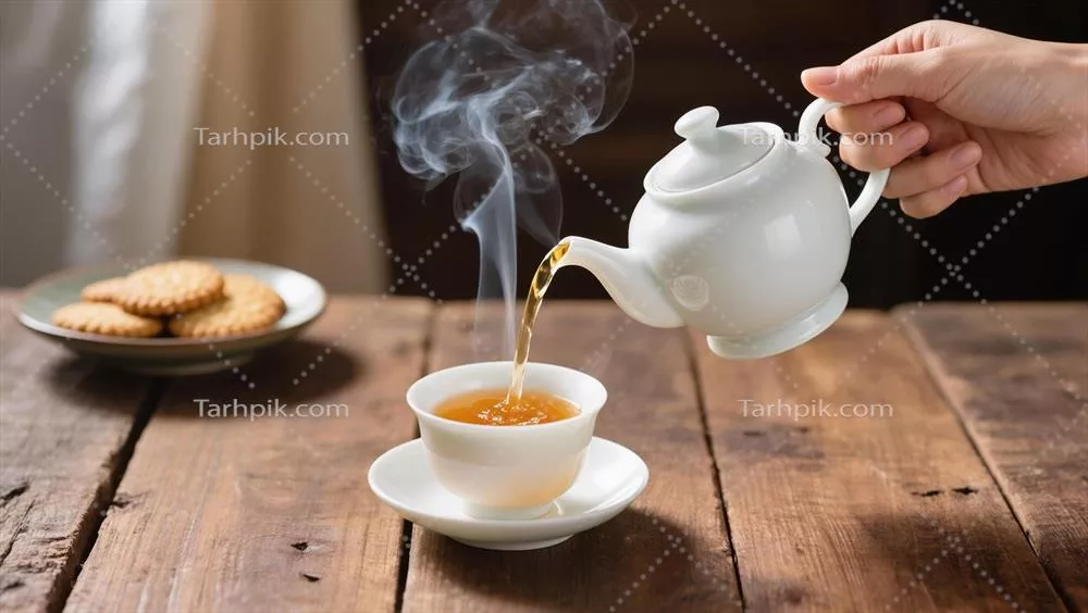 ریختن چای داغ از کتری سفید به داخل فنجان بر روی میز چوبی روستایی با بیسکویت در پسزمینه
