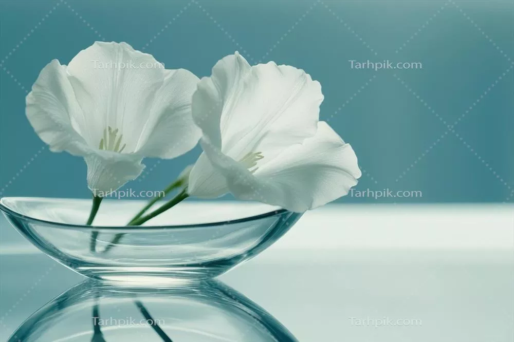 گل‌های سفید شیک در یک بشقاب شفاف به همراه پس‌زمینه‌ای آرام و دل‌نشین