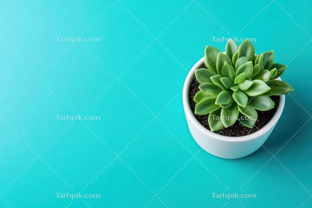 برگ زینتی در گلدان سفیدی بر روی پس‌زمینه‌ای آبی مایل به فیروزه‌ای درخشان