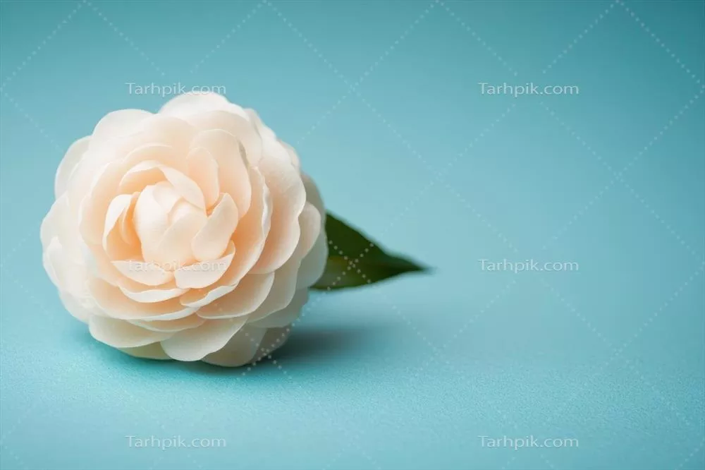 گل کاملیا سفید بر روی پس‌زمینه آبی روشن در نور طبیعی