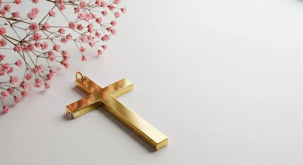 صلیب طلایی با گلهای صورتی بر روی پسزمینه سفید برای ایمان مسیحی