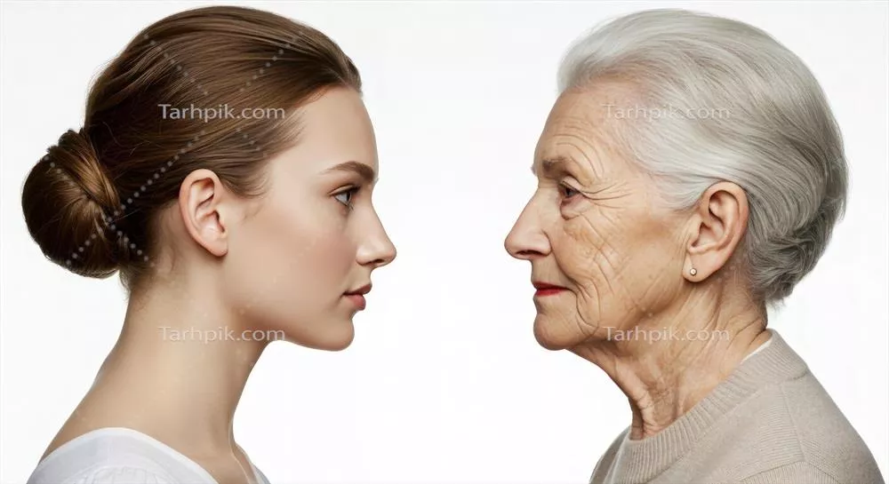 مقایسه چهره زنان جوان و پیر در پروفایل روی پس‌زمینه سفید
