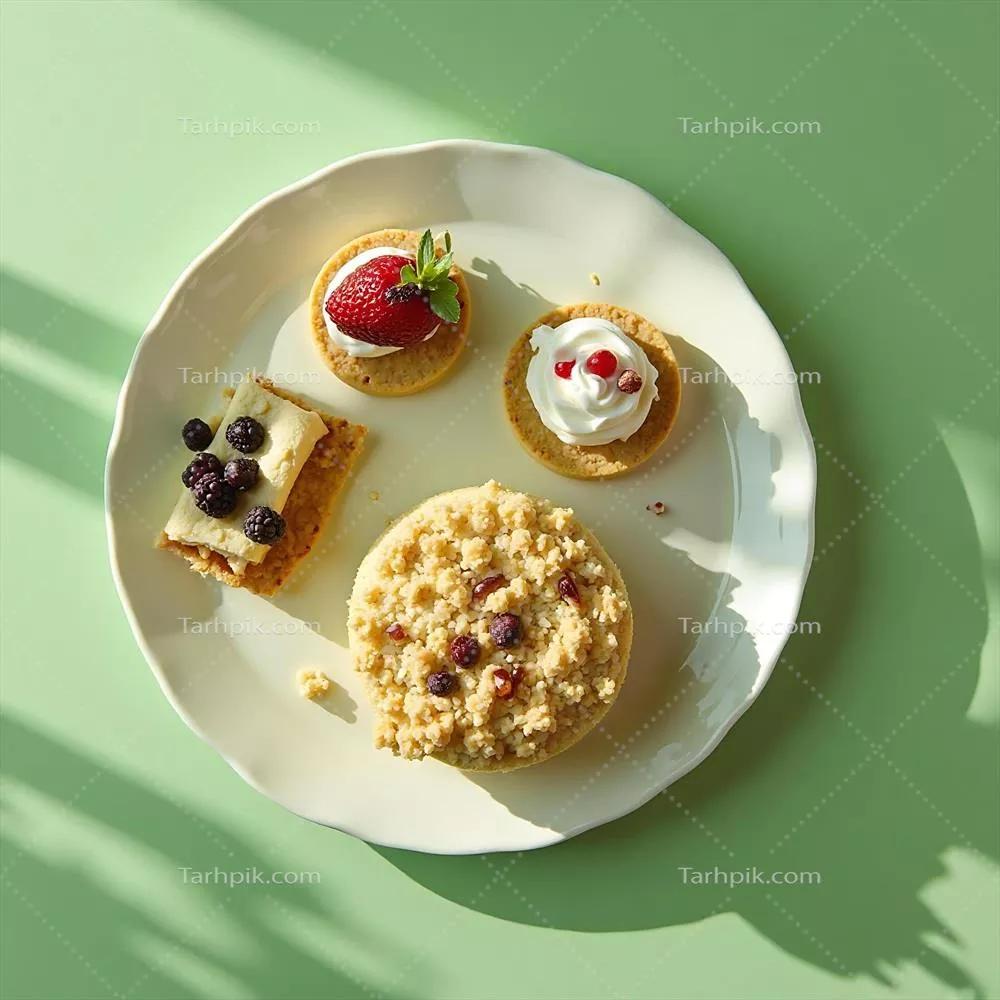 مجموعه ای از شیرینی های کوچک متنوع روی بشقاب سفید با پس زمینه سبز