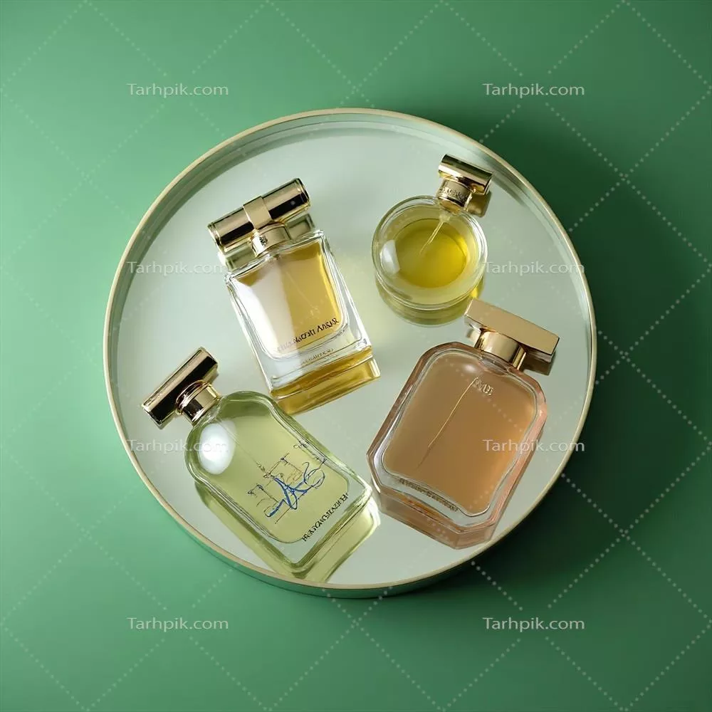 عطرهای شیک و متنوع در بطریهای زیبا بر روی سینی گرد سفید با پسزمینه سبز