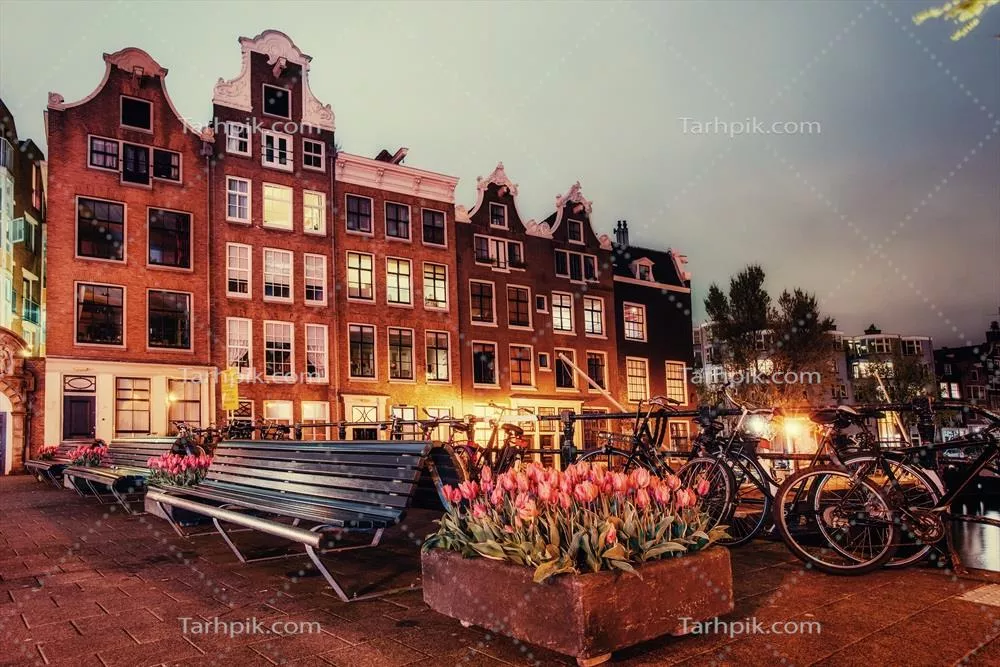 نحوه زیبایی و آرامش شب در منظره شهر آمستردام