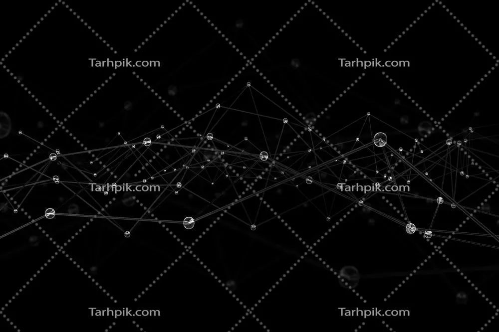 تصویر سه بعدی انتزاعی از ذرات براق و خطوط متصل بر روی پس‌زمینه سیاه