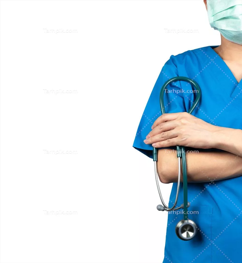 جراح پزشک با لباس آبی و ماسک صورت سبز، نشاندهنده اعتماد و مهارت در پزشکی