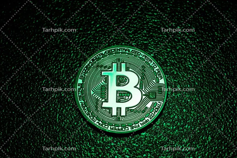 سکۀ با لوگوی بیت‌کوین در نور سبز و درخشان