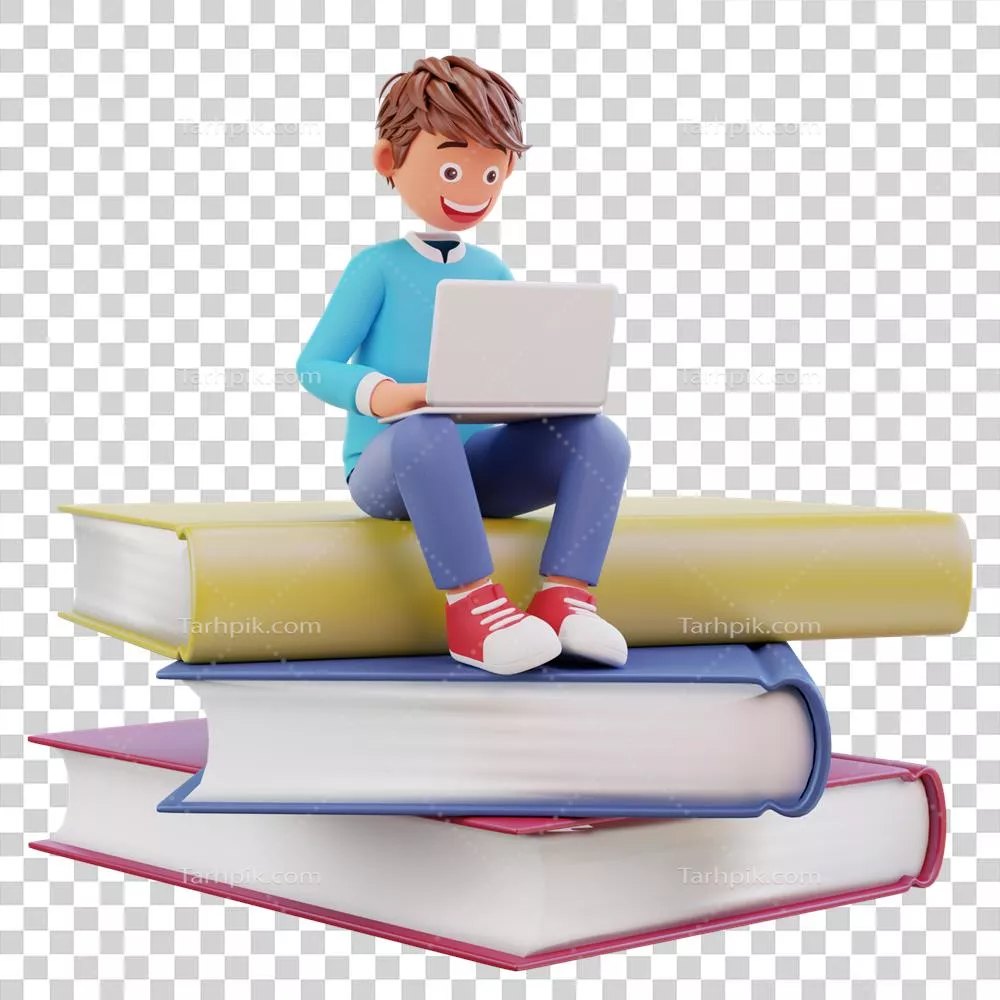 دوره های آنلاین آموزشی با دانشجویانی در حال نشستن بر روی انبوهی از کتاب ها با لپ تاپ و یادداشت