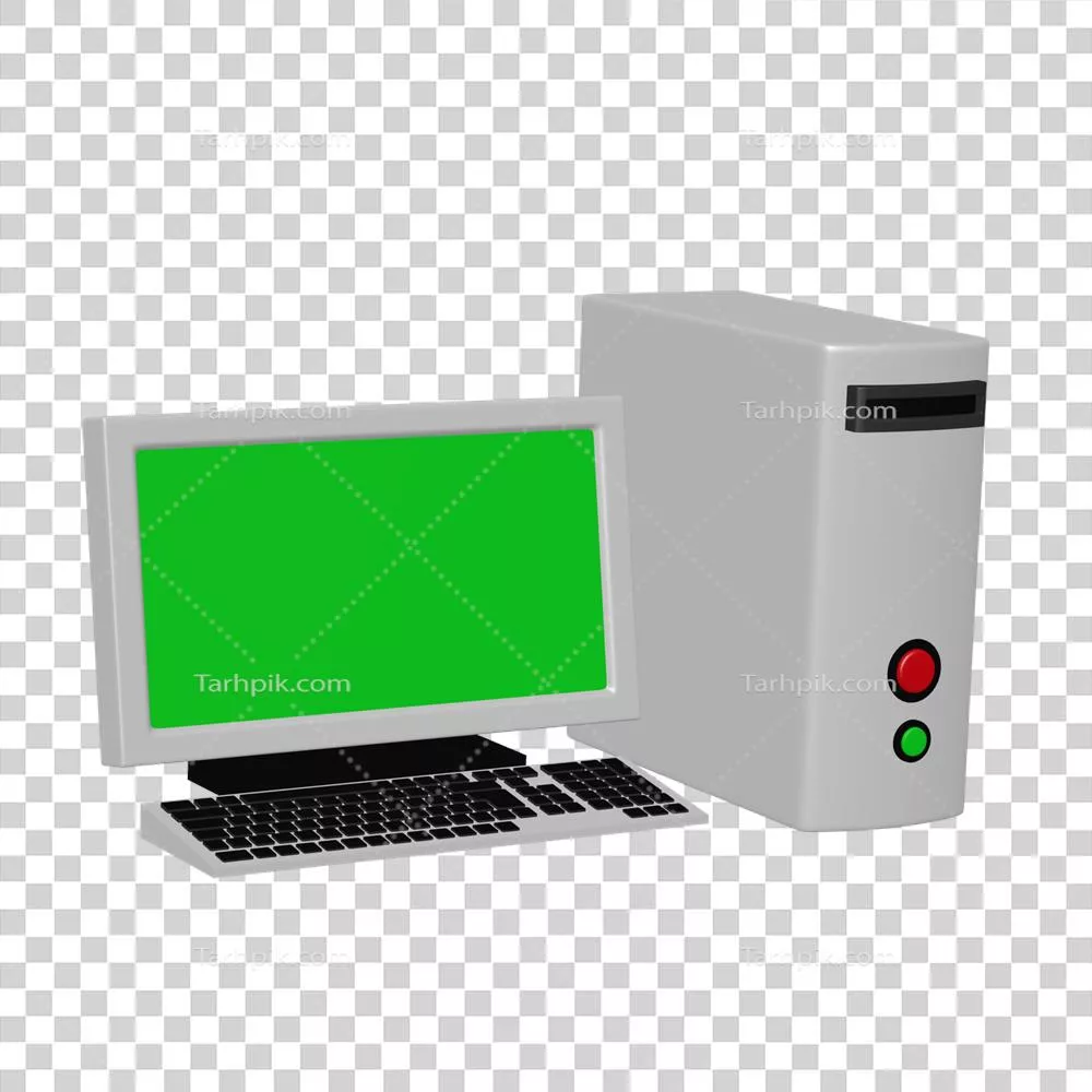 تصویر ۳ بعدی مجسمهای از مجموعه کامپیوتر دسکتاپ با پسزمینه شفاف